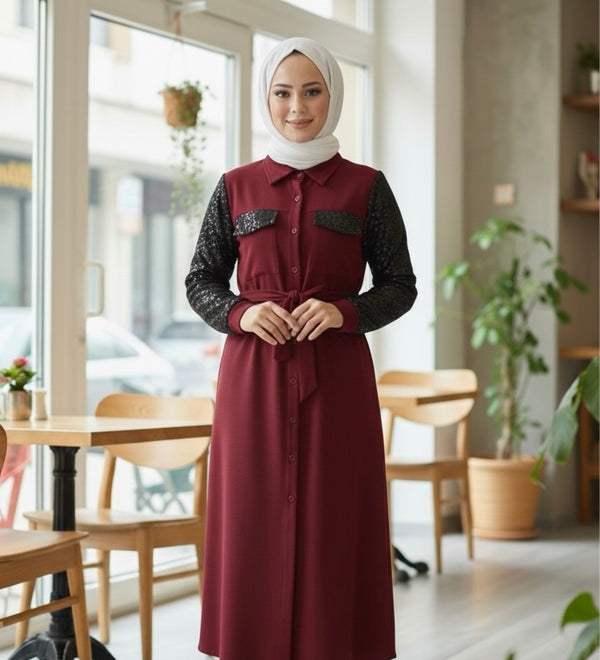 Robe d'Hiver "Éclat Nocturne" - Manches Sequins et Ceinture (Bordeaux)