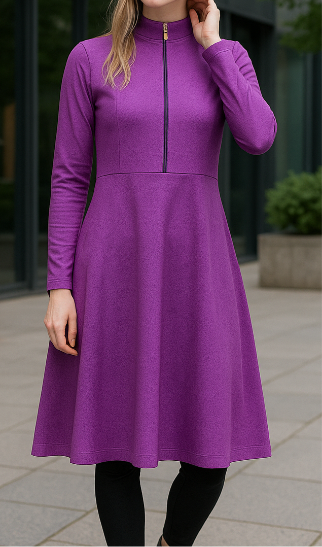 Burkini violet 4 pièces avec tunique zippée, pantalon, turban et brassière – disponible en taille S et XXL