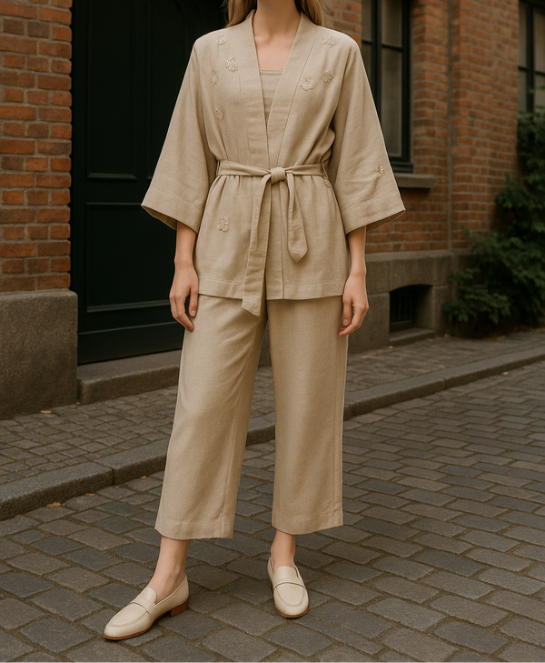 Modest beige two-piece set with a belted kimono-style top featuring subtle floral embroidery, paired with wide-leg pants. Model standing on a cobblestone street wearing neutral loafers. Available in sizes S to XL