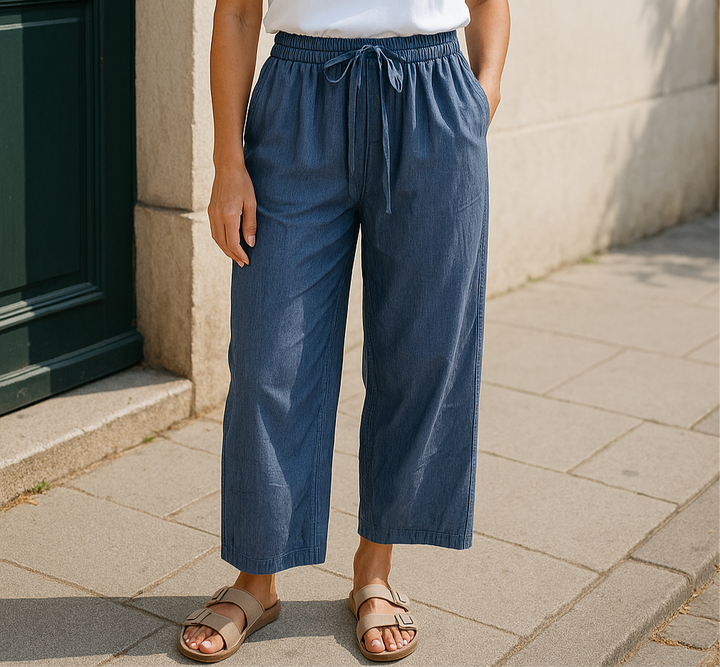 Blue cotton wide-leg pants with drawstring waist – breathable, modest, and perfect for everyday wear