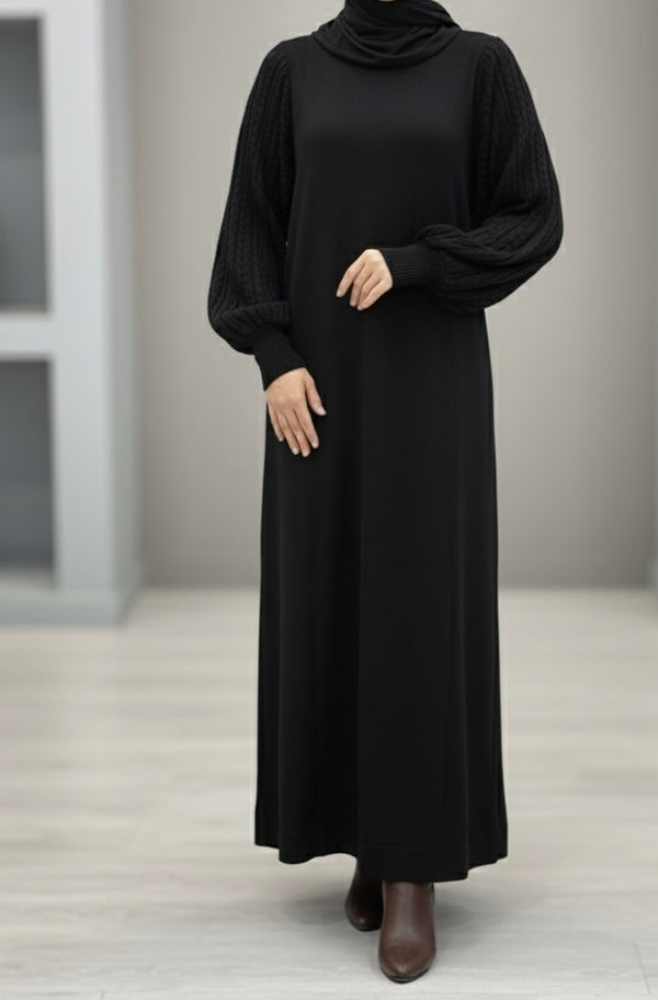 Robe d'Hiver "Cocoon" - Manches Ballon Tricotées (Noir)