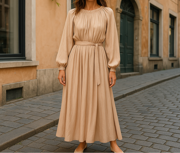 Modest beige long-sleeve pleated dress with waist belt, perfect for elegant occasions and everyday wear.