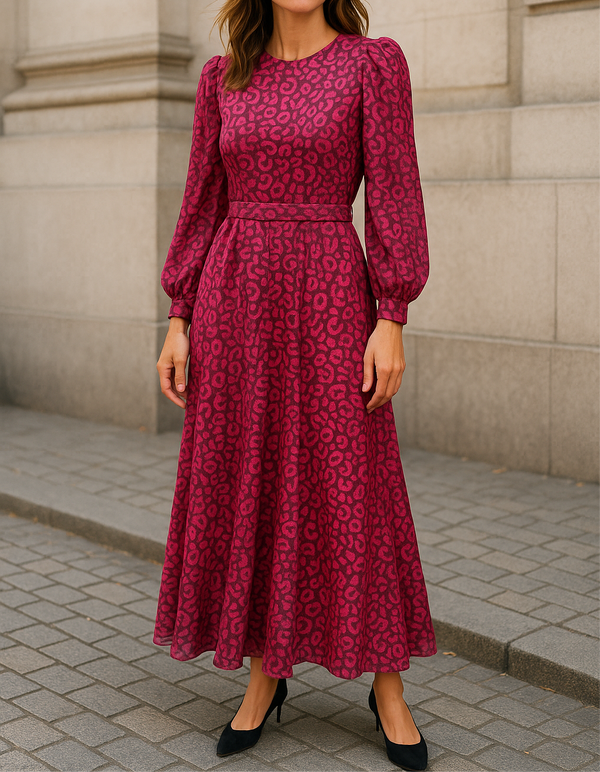 Modest raspberry red animal print midi dress with long sleeves and fitted waist – elegant outfit for events or Eid