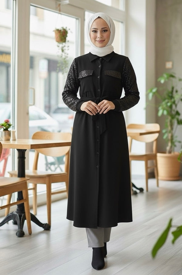 Robe d'Hiver "Éclat Nocturne" - Manches Sequins et Ceinture (Noir)