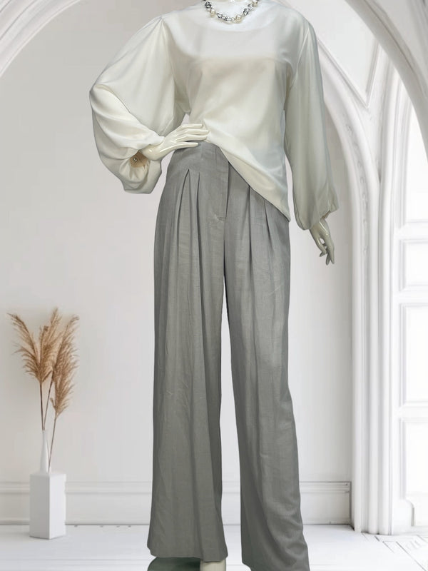 Gray Linen Wide Leg Trousers