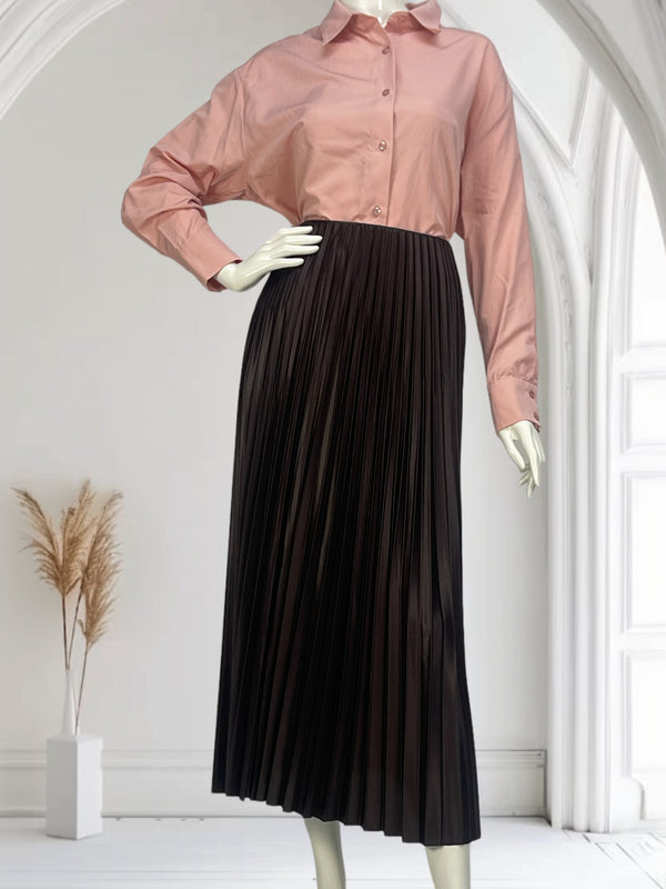 Brown Pleated Satin Skirt