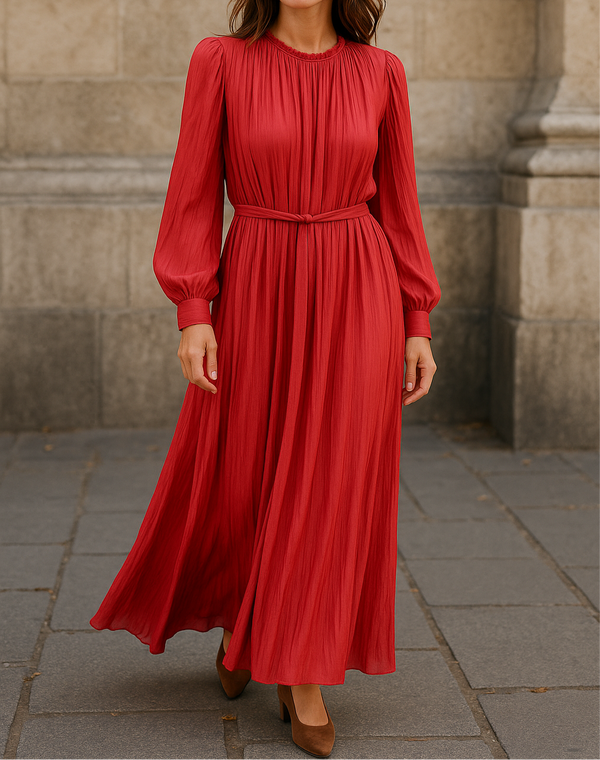 Modest deep red pleated maxi dress with long sleeves and belt – elegant outfit for Eid and evening occasions and hijabi women