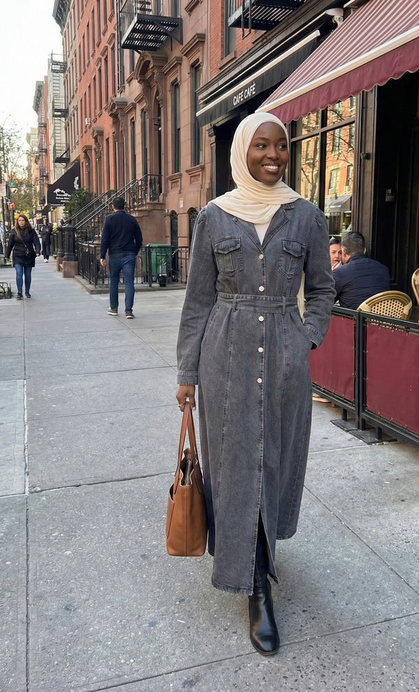 Robe Longue en Jean Gris Boutonnée avec Ceinture - Mode Modeste Urbaine