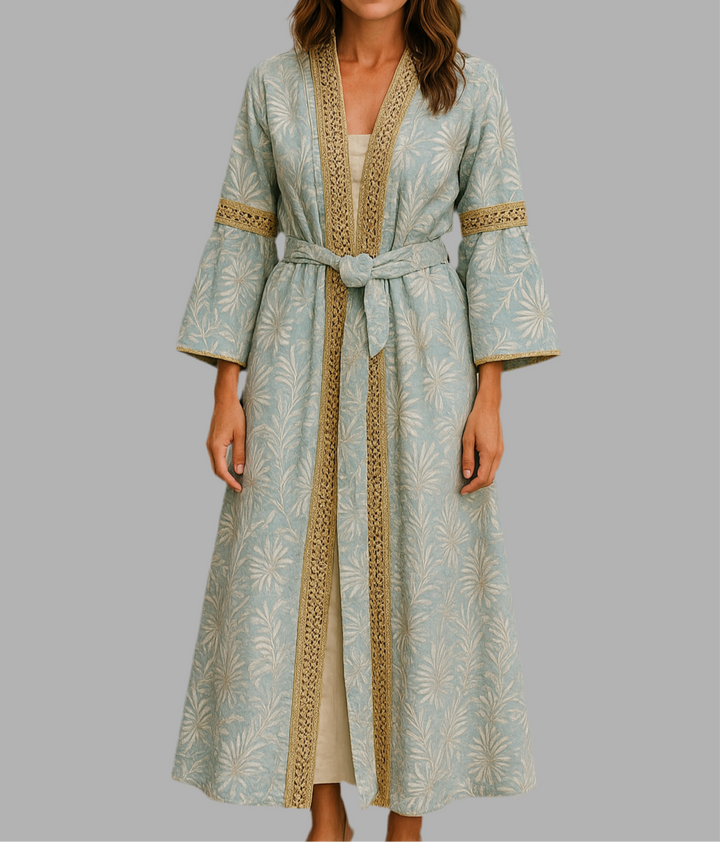 Elegant light blue and gold caftan with floral pattern and belt – ideal for modest festive wear