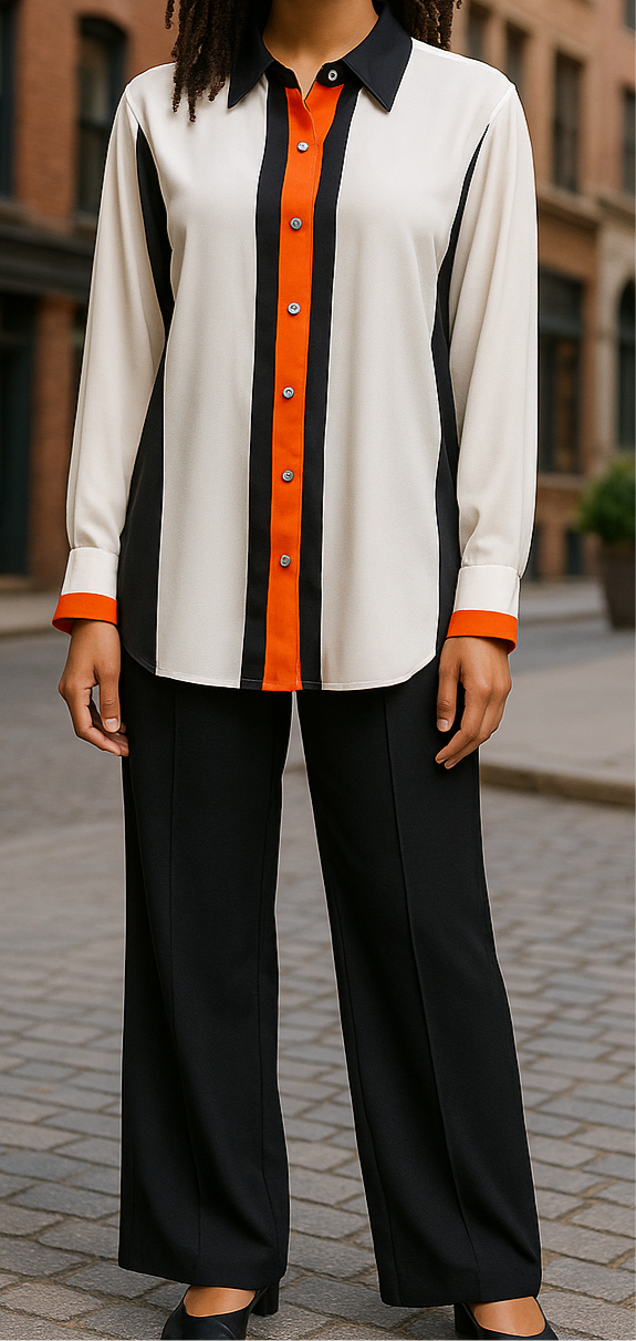 Femme portant un ensemble chic composé d’une tunique à rayures noires et blanches avec des détails orange, assortie à un pantalon noir fluide – style modeste et moderne.