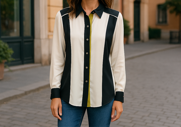 Femme portant une chemise longue à rayures verticales crème et noires avec une bande vert olive au centre, associée à un jean droit – look élégant et modeste.