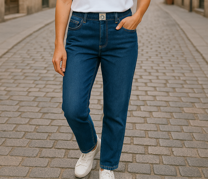 Femme portant un jean bleu foncé à taille élastique avec bouton décoratif, coupe droite, disponible du S au XL