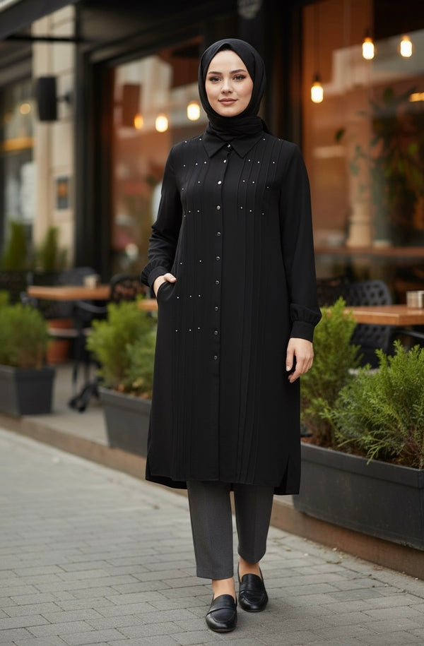Tunique "Perle Chic" - Chemise Longue Plissée et Perlée