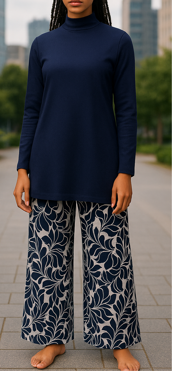 Burkini 3 pièces bleu marine fluide et opaque avec pantalon imprimé, tunique longue et turban – ne colle pas au corps dans l’eau