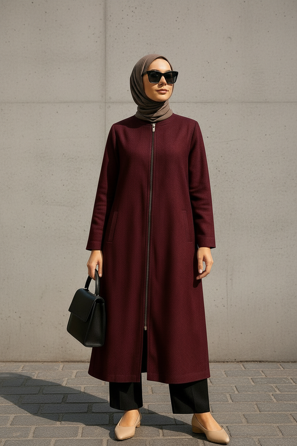 Tunique/Veste Longue Bordeaux à Fermeture Éclair