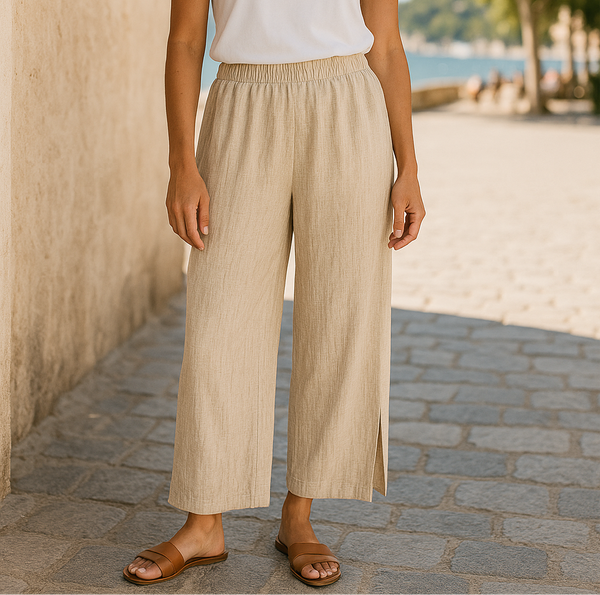 Beige wide-leg cotton pants with side slit – lightweight and modest summer wear