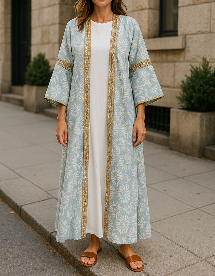 Elegant light blue and gold caftan with floral pattern and belt – ideal for modest festive wear