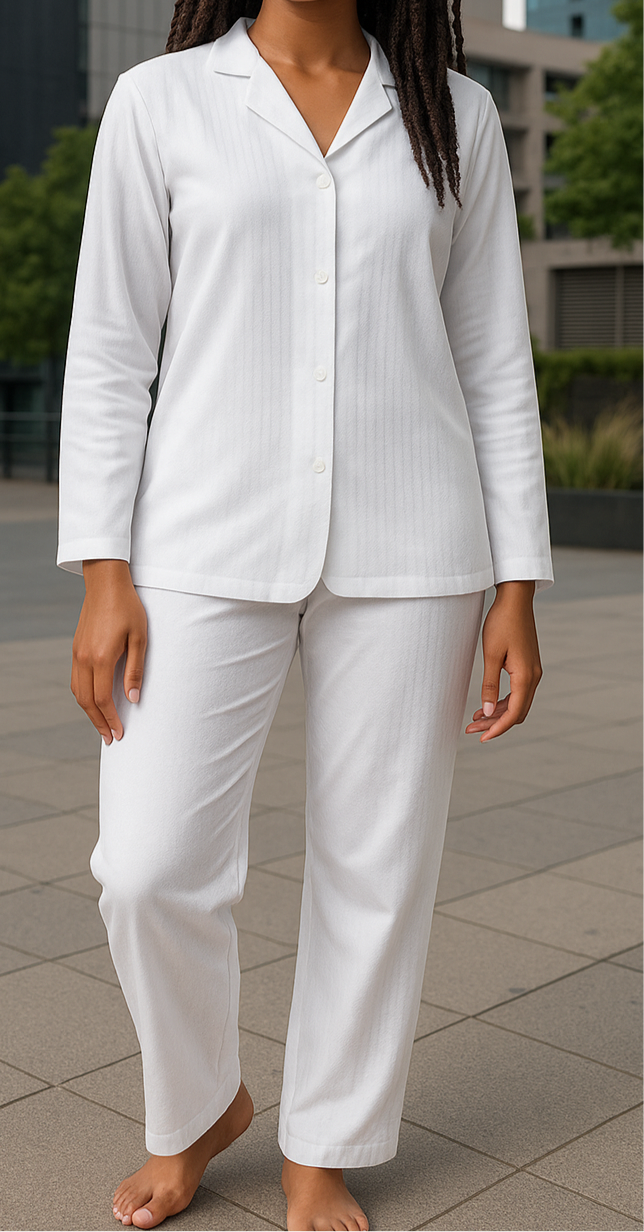 Pyjama deux pièces blanc en coton, avec chemise boutonnée et pantalon droit – confort léger pour femmes