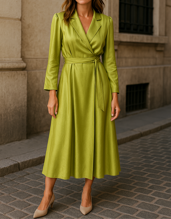 Modest satin-finish olive green wrap dress with long sleeves and waist tie, ideal for elegant events or formal gatherings.