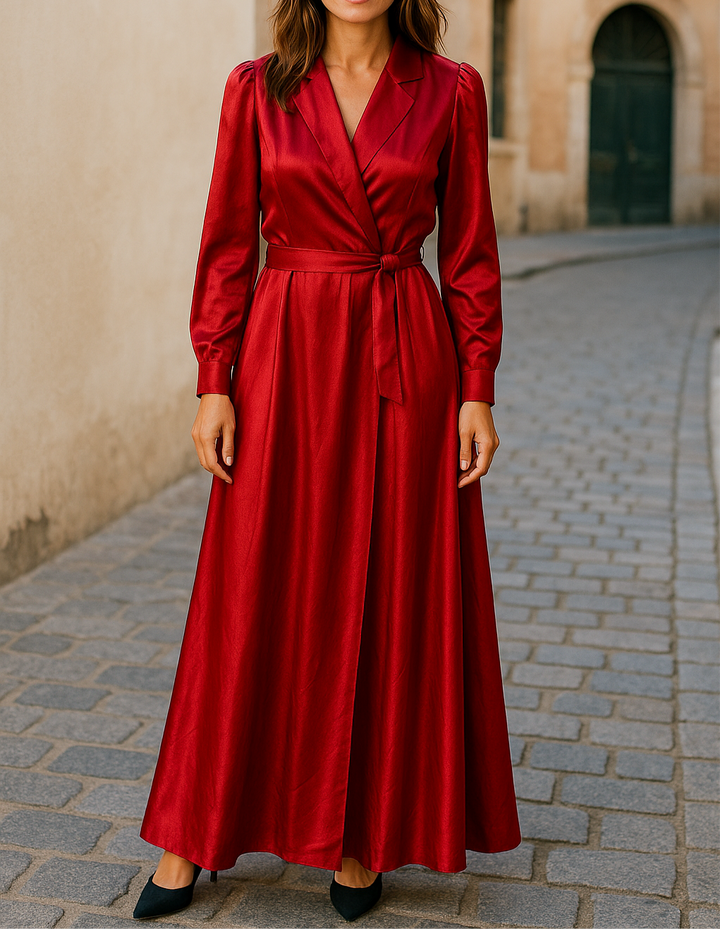 Elegant long red satin wrap dress with waist tie and long sleeves – perfect for modest evening wear, Eid celebrations, or weddings.