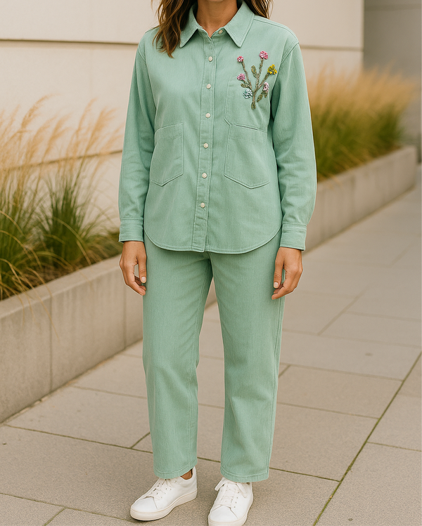 Two-piece modest outfit in mint green with button-down top, floral embroidery on the chest, and straight-leg pants, styled with white sneakers
