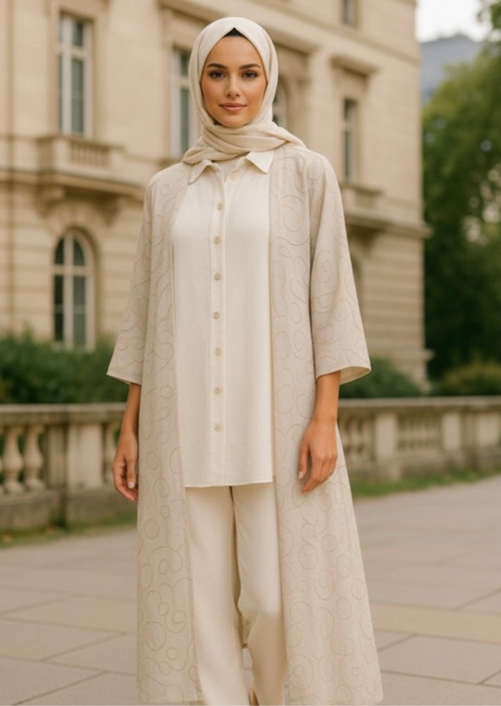 Tenue élégante et modeste composée d’un hijab crème, d’une longue abaya ouverte brodée, d’une tunique boutonnée et d’un pantalon large, accessoirisée avec un sac bandoulière camel – look chic et moderne pour femme voilée.