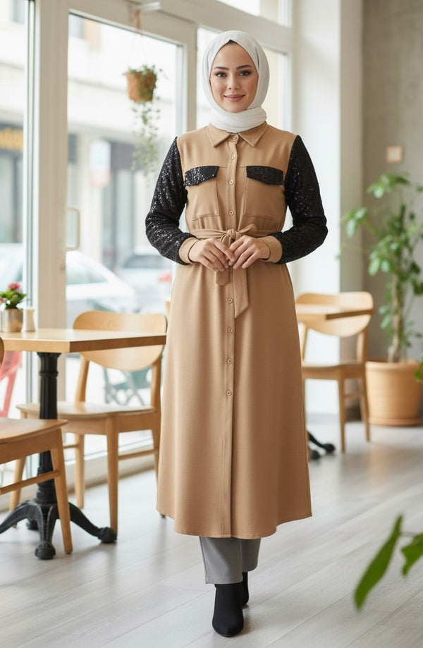 Robe d'Hiver "Éclat Nocturne" - Manches Sequins et Ceinture