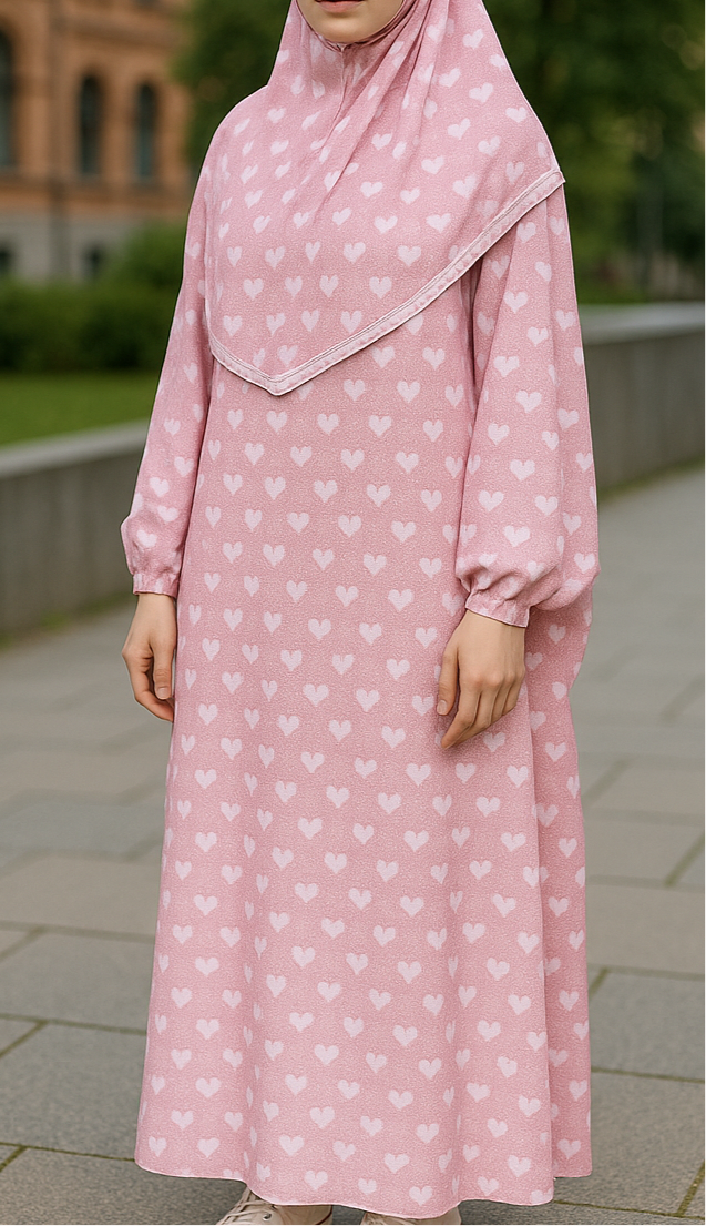 Jeune fille portant une robe de prière rose à motifs cœurs blancs avec un khimar assorti – tenue disponible pour filles de 8 à 15 ans.
