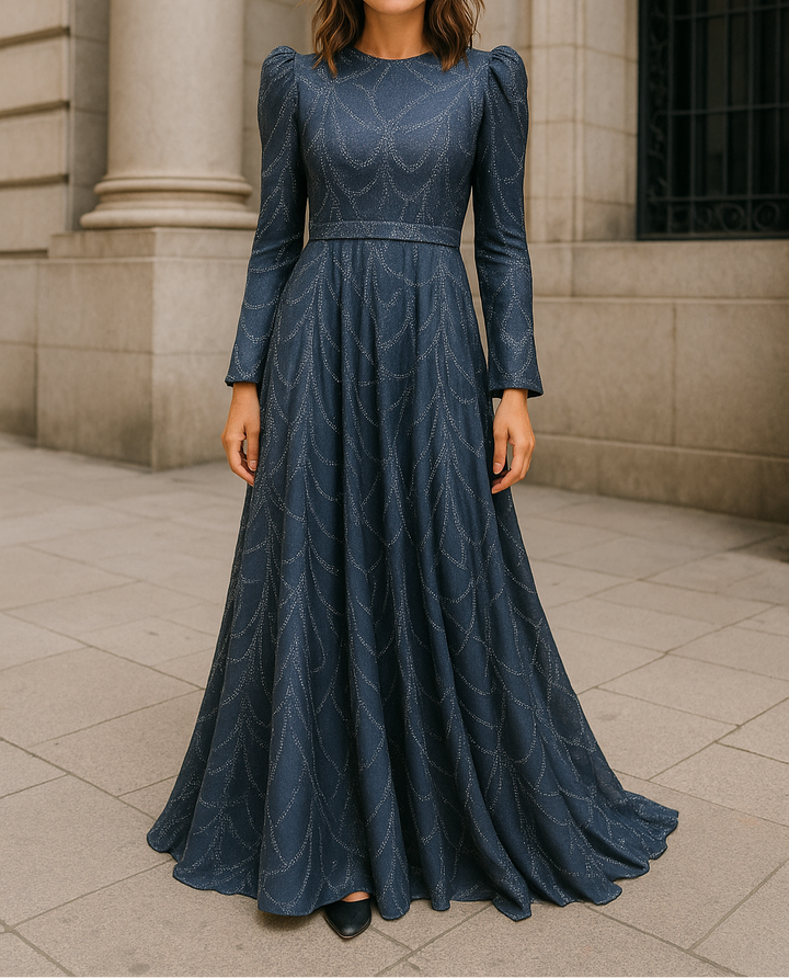 Navy blue full-length evening dress with shimmer detailing and long sleeves – modest and elegant
