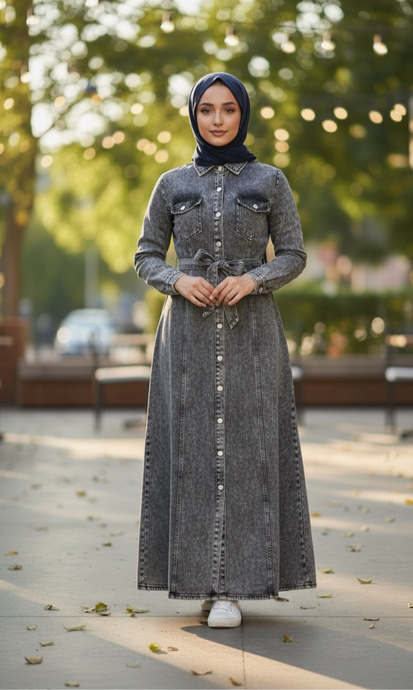 A hijabi woman wearing a long, jeans dark grey or washed black denim-style dress with a button-down front, collar, and a tie waist, standing outdoors on a paved path with trees and string lights in the blurred background