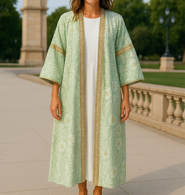 Elegant modest 3-piece set with white inner dress and green embroidered caftan with gold trim – perfect for Eid, weddings, or special occasions.
