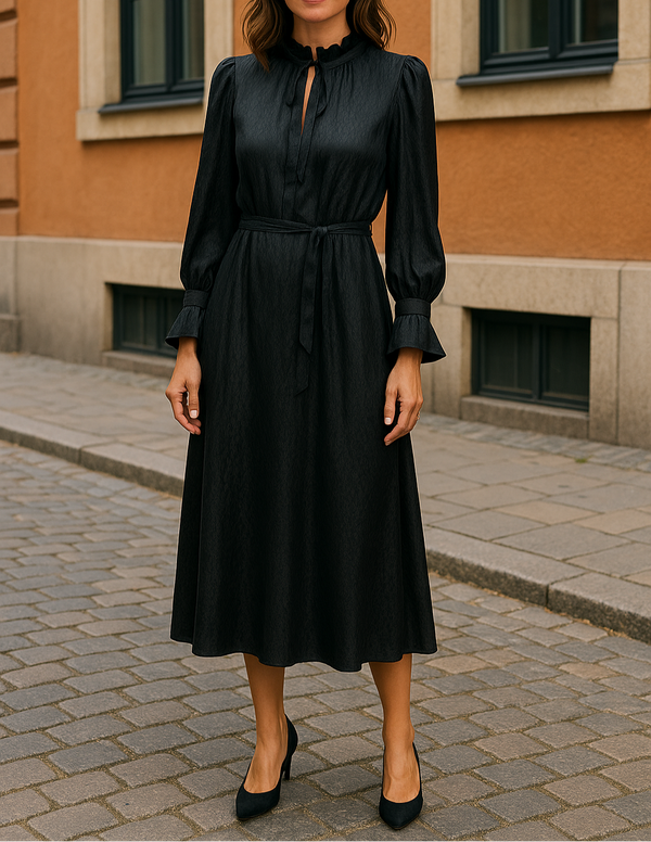Elegant black midi dress with tie-neck detail and long puff sleeves – perfect modest fashion choice for hijabi women, ideal for both casual chic and evening wear