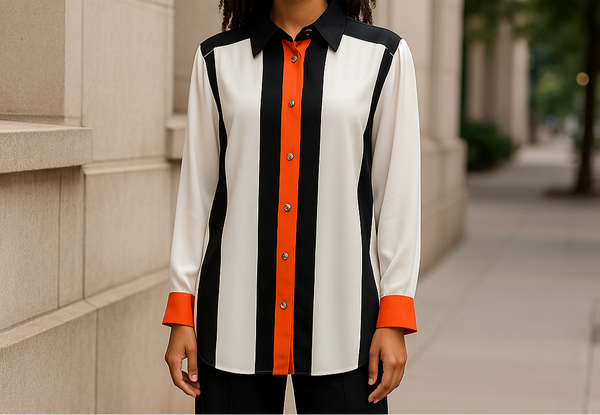 Chemise élégante à rayures contrastées – Blanc, Noir et Orange