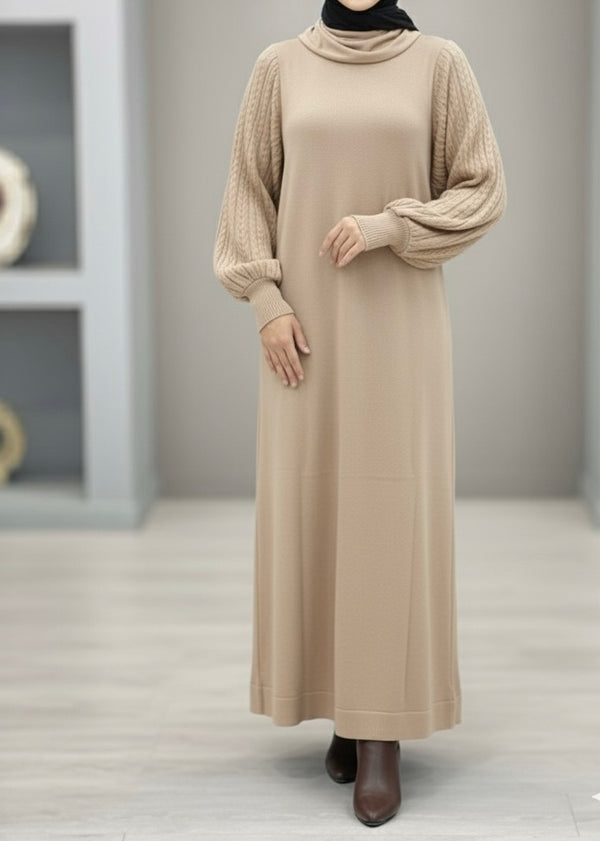 Robe d'Hiver "Cocoon" - Manches Ballon Tricotées (Beige)