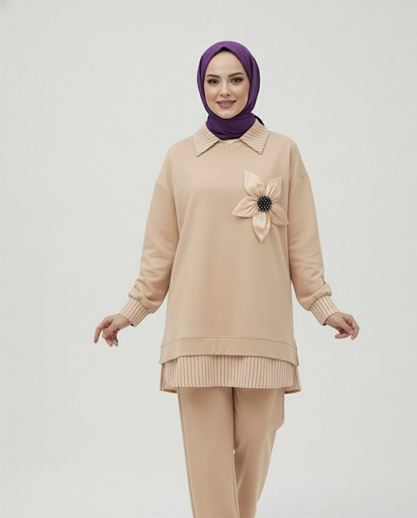 Ensemble Sweat & Pantalon Élégant avec Fleur Appliquée - Confort et Style