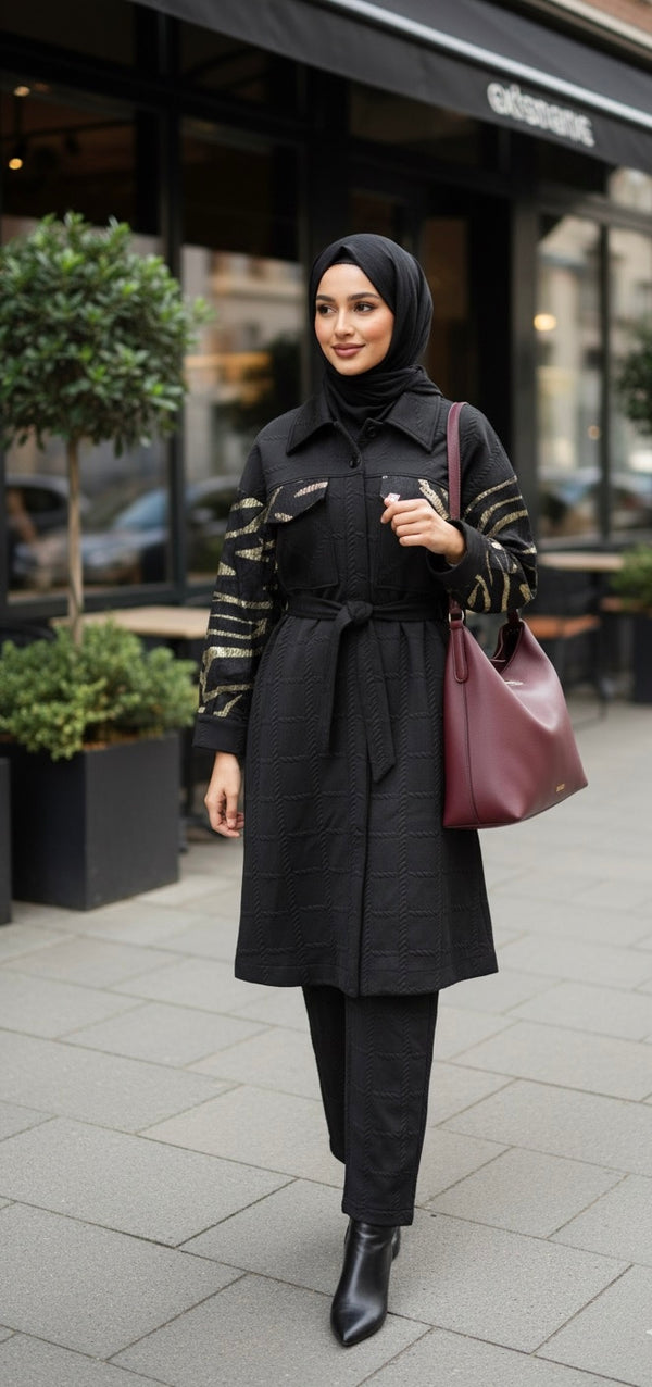 Femme portant un ensemble noir deux pièces composé d'une tunique longue ceinturée et d'un pantalon assorti. La tunique a un tissu texturé et des motifs zébrés dorés sur les manches. Elle porte un hijab noir et un sac à main bordeaux