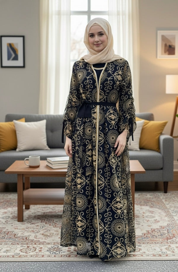 Ensemble Caftan Noir & Or "Nuit Orientale" – 2 Pièces avec Ceinture (S-XL)