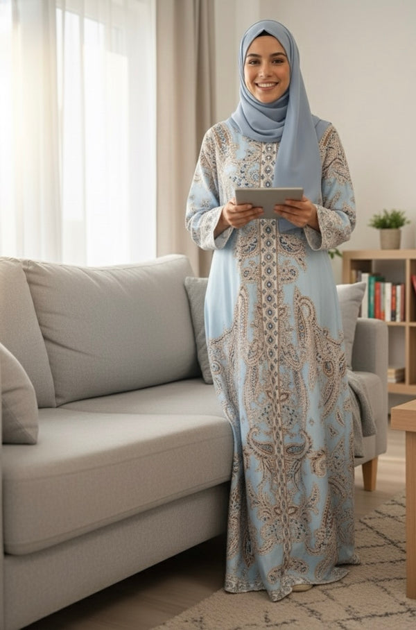 Robe élégante bleu ciel à motifs dorés