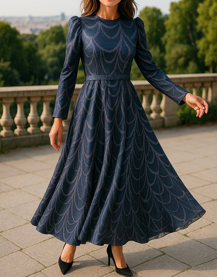 Elegant navy blue modest dress with shimmering wave pattern, long sleeves, and flowing A-line skirt, perfect for hijabi women
