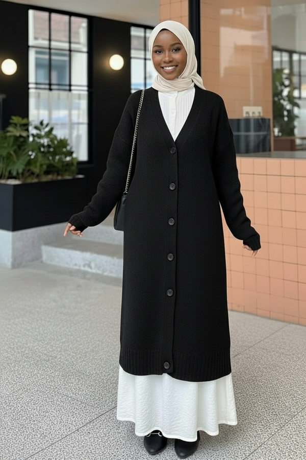 Gilet Long Noir Boutonné - Taille Standard