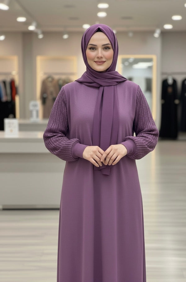 Robe Longue Élégante en Tricot - Manches Texturées - Taille Unique