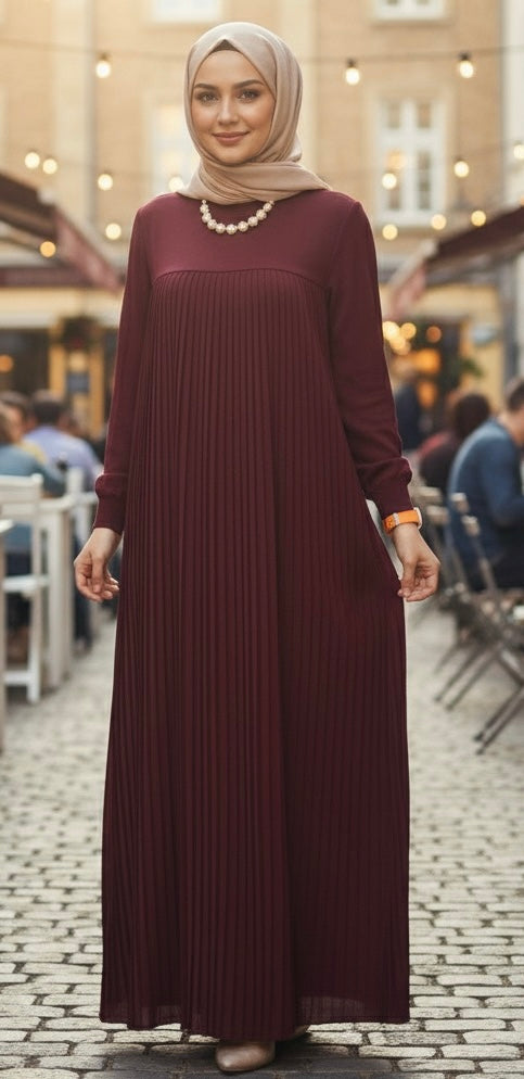 Robe Longue Plissée Élégante - Couleur Bordeaux
