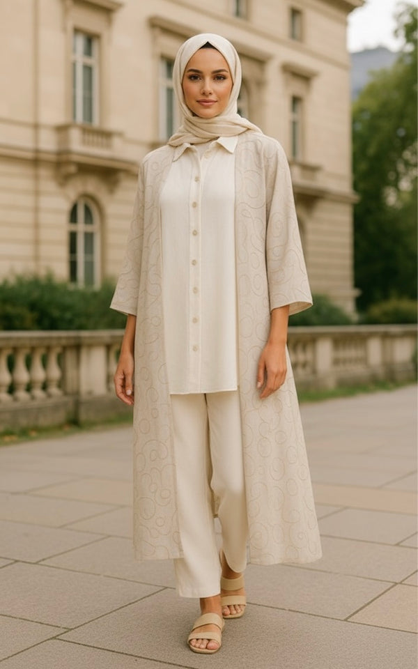 Elegant beige three-piece set with embroidered kimono, long tunic, and straight-leg pants – modest and chic for hijabi women