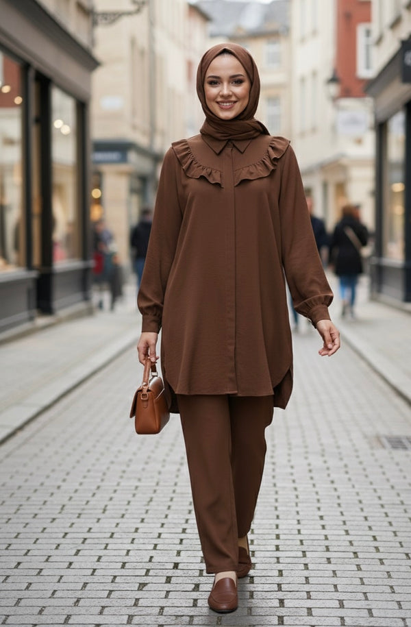 Ensemble Élégant « Ambre » - Tunique à Volants et Pantalon