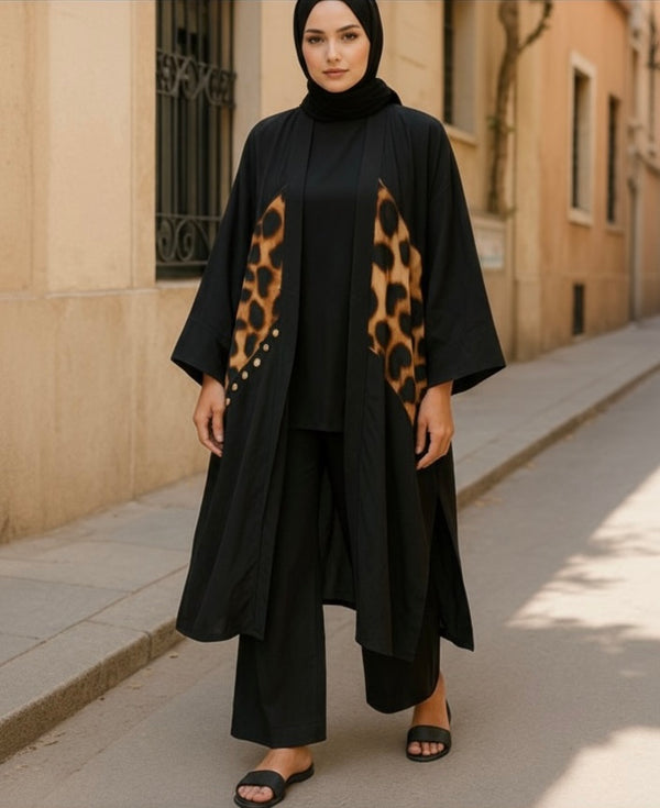 Chic Safari 3-Piece Summer Set – Black Cotton with Animal Print Vest
