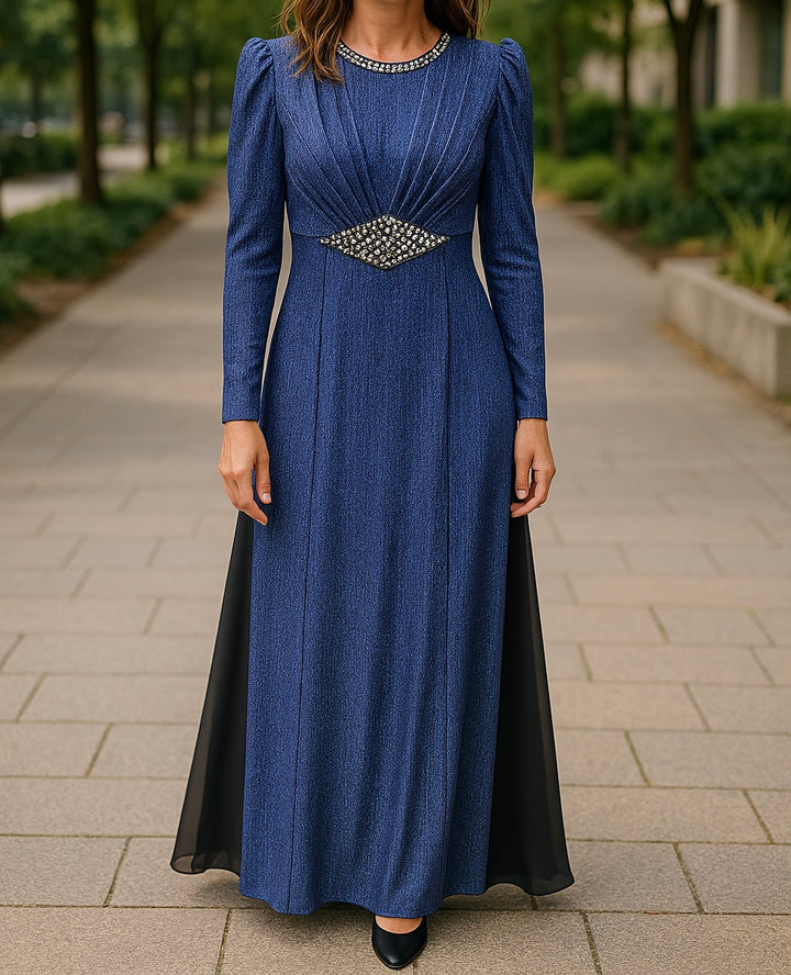 Modest navy blue evening dress with gemstone embellishments, long sleeves, and a flowing black panel skirt, perfect for formal events