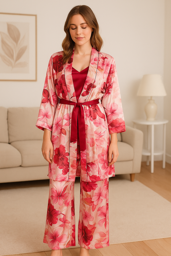 Une femme debout dans un salon lumineux porte un ensemble pyjama 3 pièces en satin à imprimé floral rose et rouge, composé d’un kimono, d’un débardeur et d’un pantalon large assorti.
