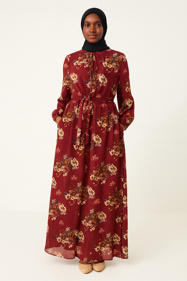 African hijabi woman wearing a burgundy floral maxi dress with long sleeves and a waist tie, styled with a black hijab, standing gracefully against a light background