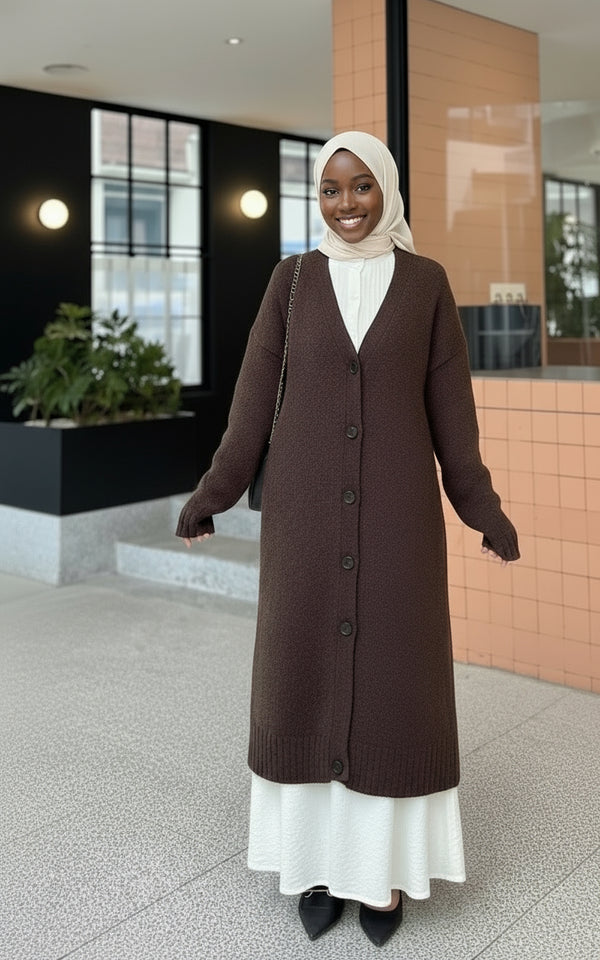 Gilet Long en Maille Chocolat - Élégance et Confort (Taille Standard)