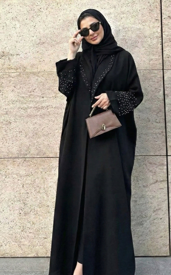 Élégance Noire : Abaya Perle Chic avec Détails Scintillants – Édition Limitée